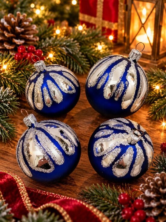 Other - Vintage Slovakia Cobalt Blue Silver Glass Christmas Ornaments Set of 4 Boxed